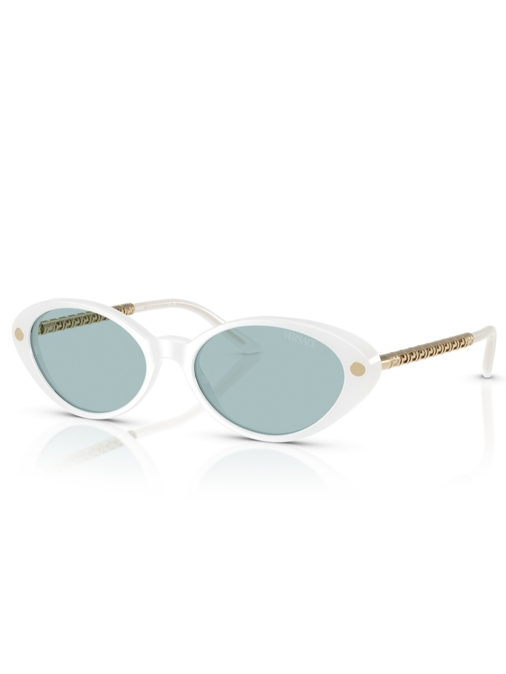 Versace White Frame Sunglasses with Light Blue Lenses and Gold Temples